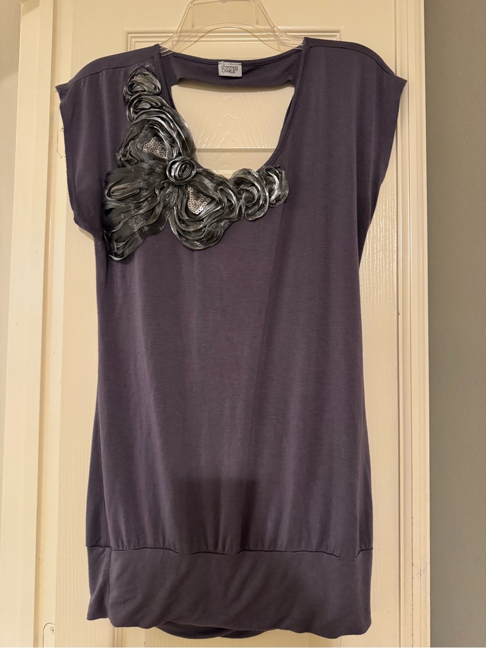 Charming Charlie Purple Short-Sleeve Tunic with Rosette Applique